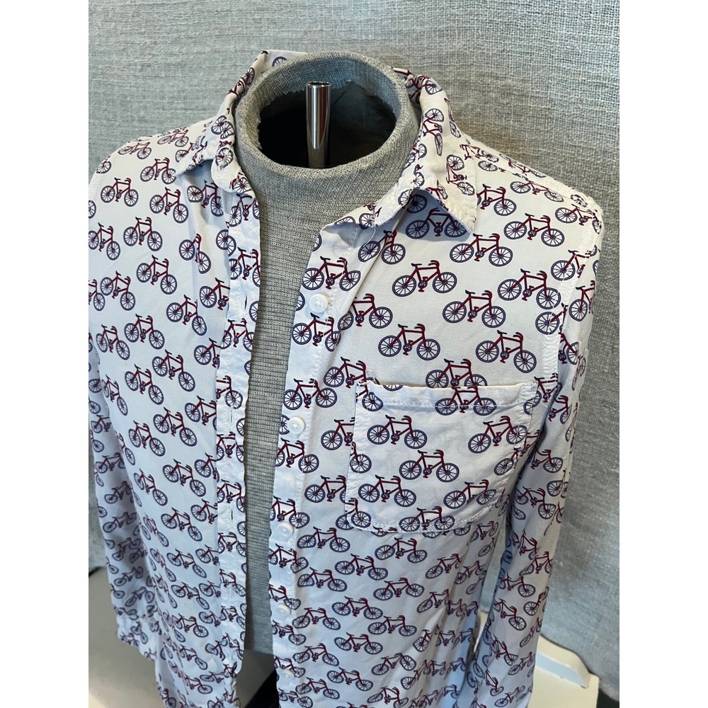 Beachlunchlounge Bicycle Print Button Down Shirt White Red Blue Small Viscose